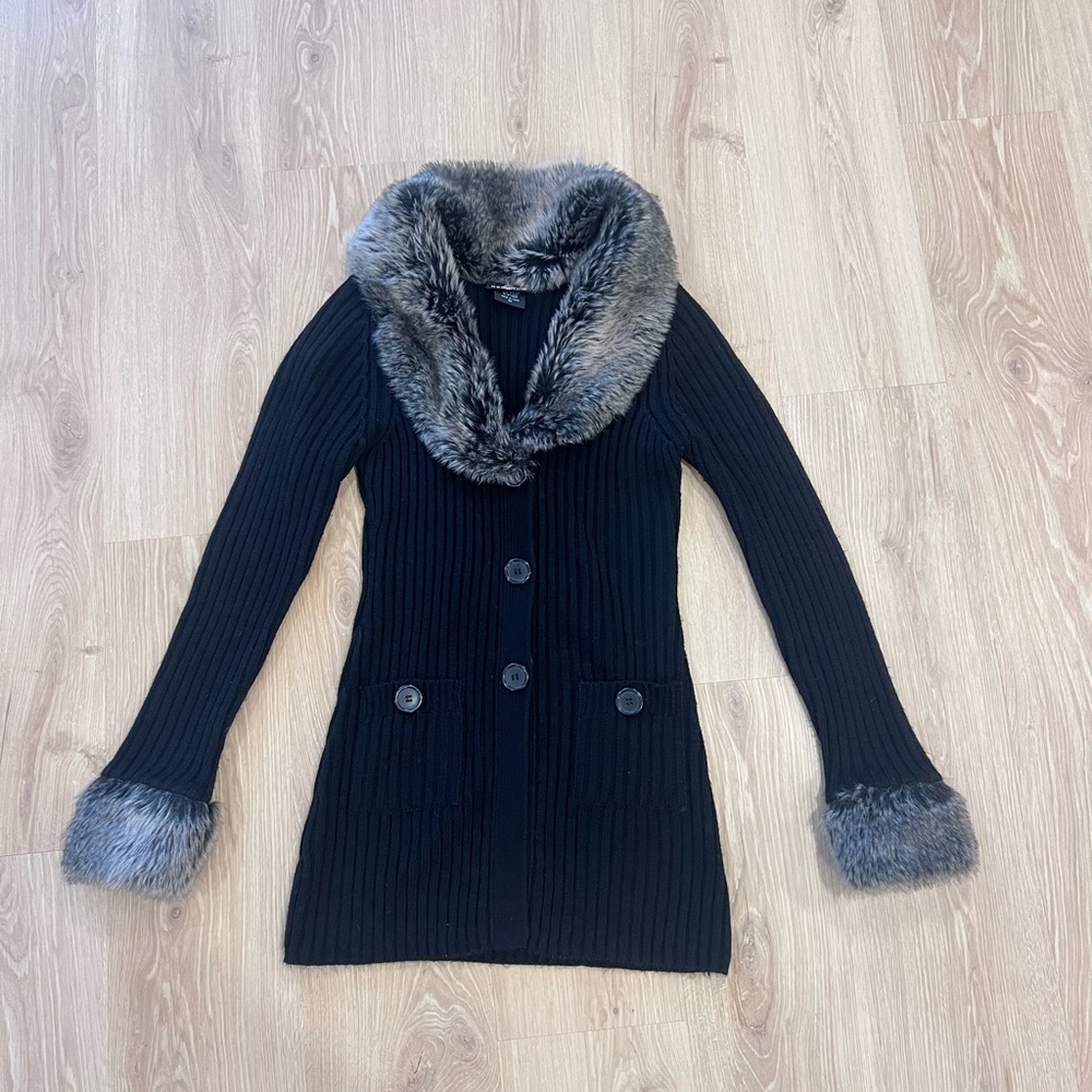 Black Sweater with Faux Fur Trim